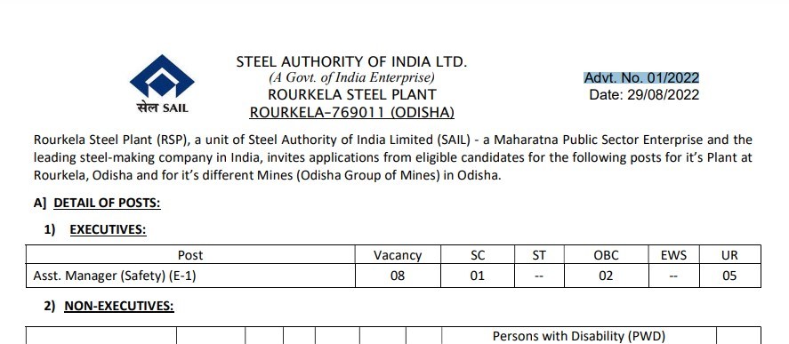 SAIL, Rourkela Steel Plant RSP Executive & Non Executive Recruitment