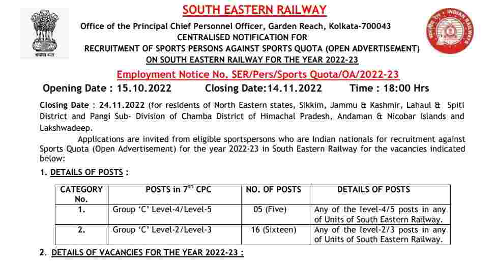 South Eastern Railway (West Bengal ) Sports Quota Recruitment Notification Out 2022 | Application Close 24 November 22