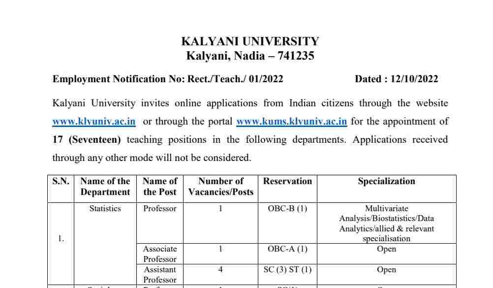 Kalyani University Associate Professor Hiring 2022